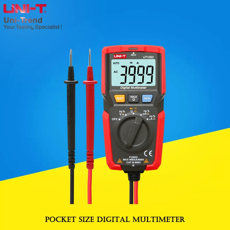 

UNI-T UT125C Цифровой мультиметр карманного размера; Сопротивление/Емкость/проверка непрерывности/диода/частоты