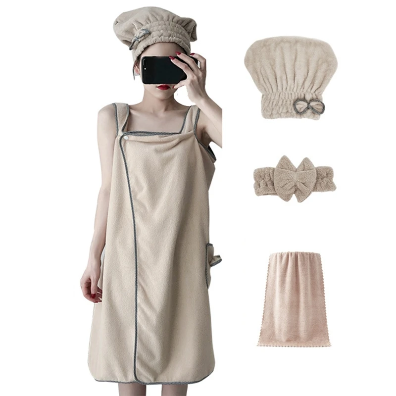 

Women 4pcs Absorbent Coral Velvet Spa Bath Wrap Cover Up Set Bathrobe Towel Hat LXAC
