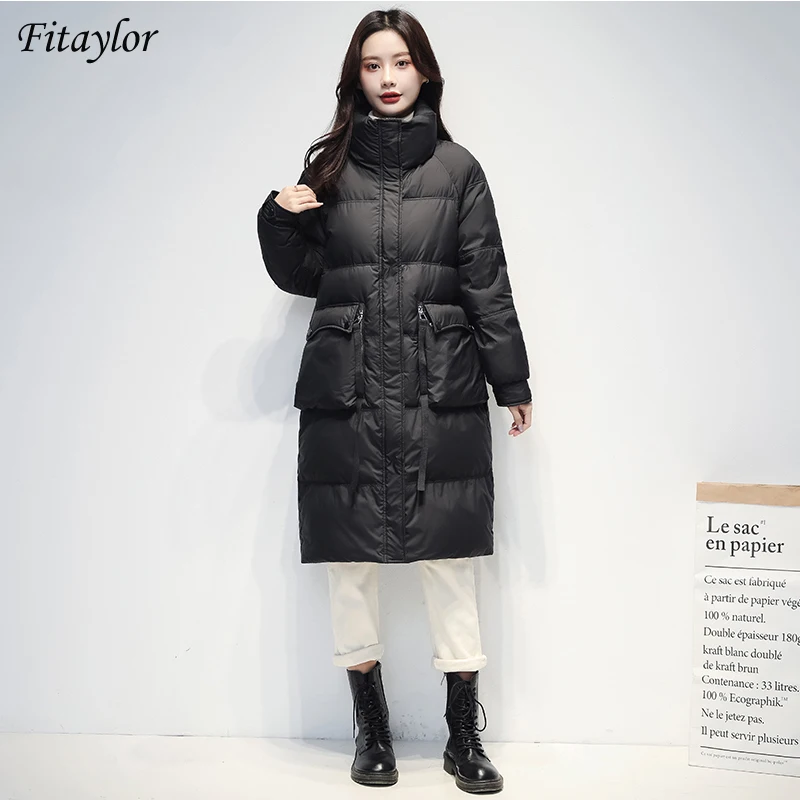 

Fitaylor 2022 New Winter Women Stand Collar Zipper Casual White Duck Down Parkas Warm Thick Long Puffer Jacket