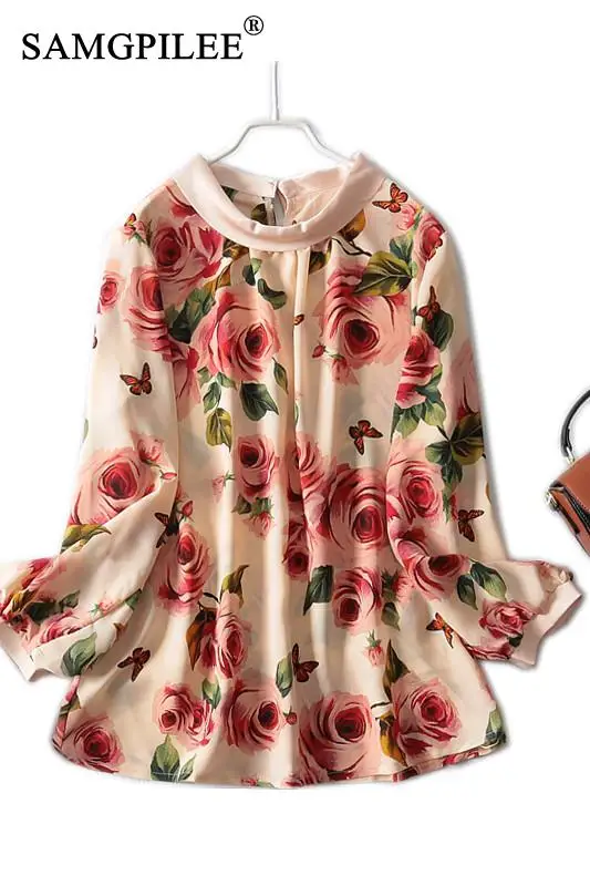 

Summer Tops For Women 2021 Spring Romantic Style Printed Chiffon Blouse Three Quarter Sleeve Flower Blouses Female Plus Size 4XL