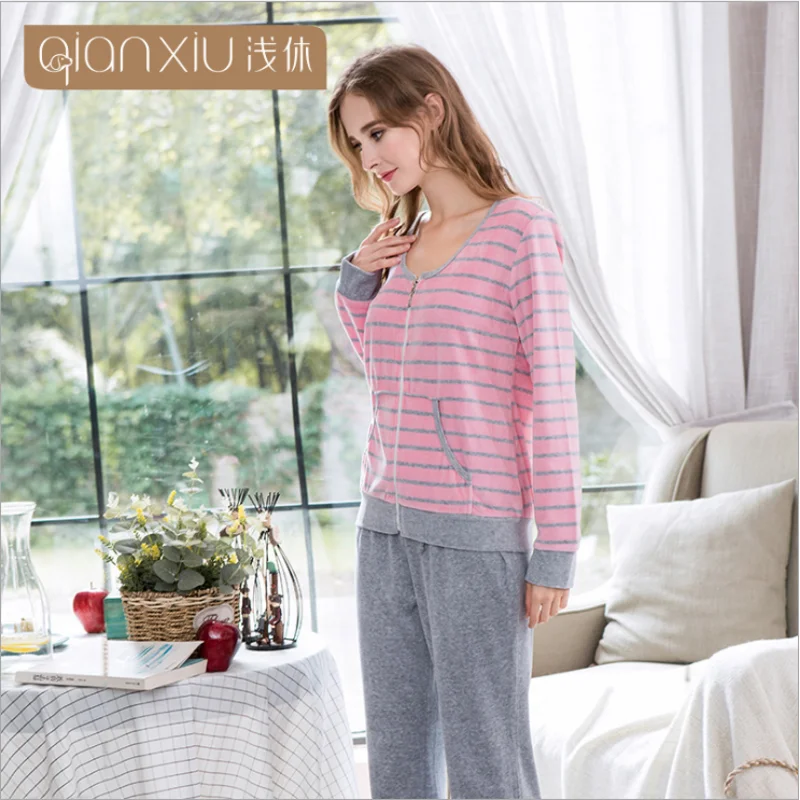 Осень-зима женские повседневные полосатые пижамные комплекты Женское пальто с