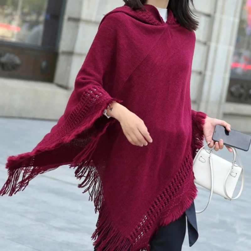 

A-2020 Hooded Scarf Coat Solid Color Tassel Loose Casual Winter Warm Coat Open Front Poncho Cape Cardigan Wrap Shawl 45*60cm