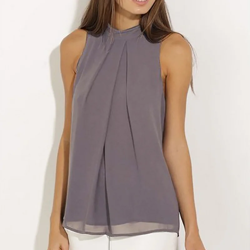 Футболка женская шифоновая без рукавов Свободный Повседневный однотонный топ