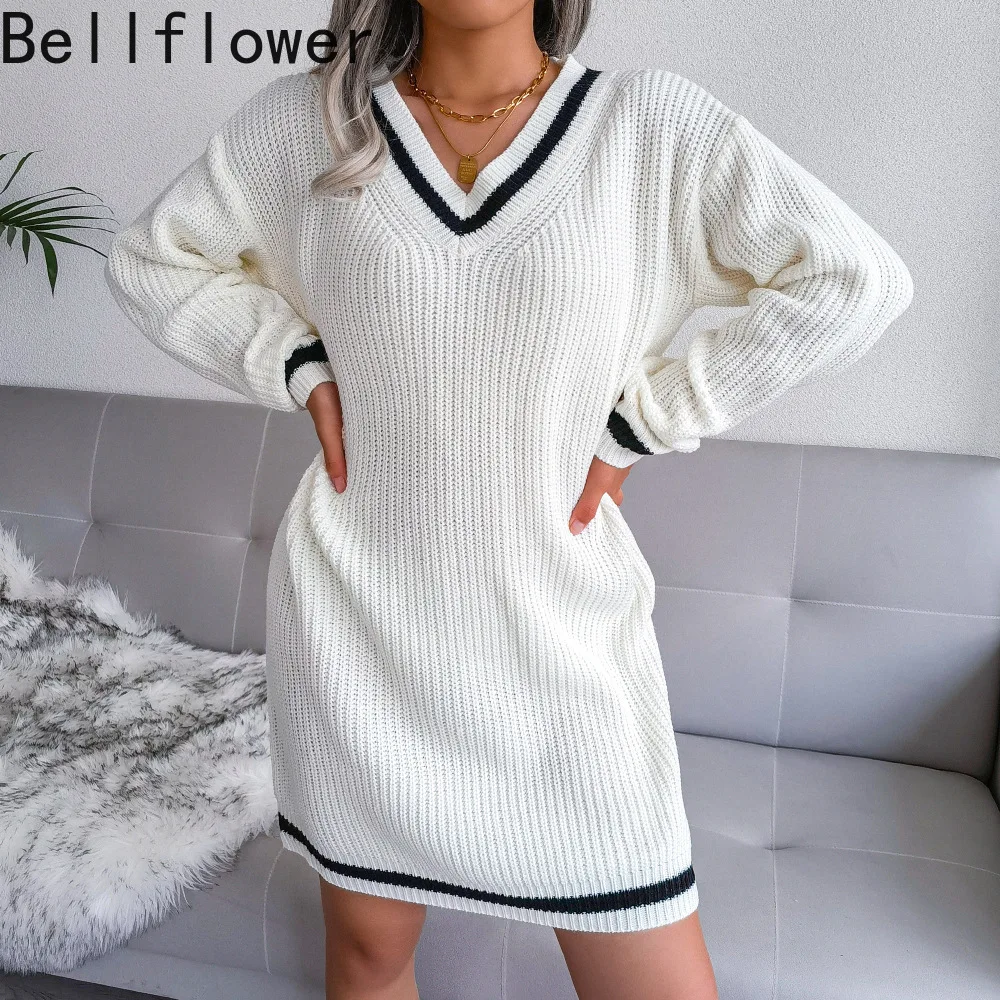 

Patchwork White Winter Kintted Dresses Woman 2021 Winter Sexy V Neck Long Sleeve Loose Sweaters Dress Vestido De Mujer