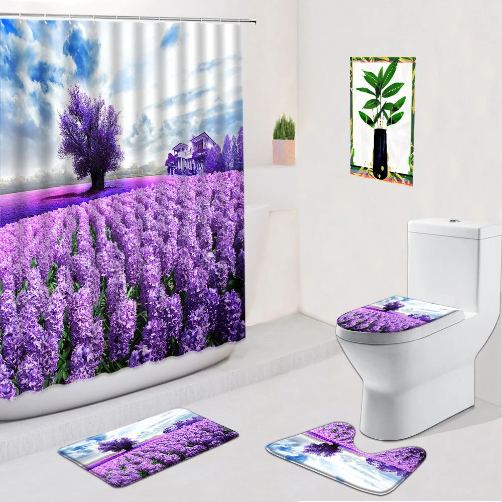

Romantic Lavender Shower Curtains Hot Air Balloon Flower Home Decor Non-Slip Flannel Carpet Bathroom Mat Door Pad Toilet Cover