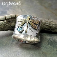 dragonfly vintage rings for women men wide shiny blue zircon punk finger ring retro insect gold silver jewelry accessories gifts