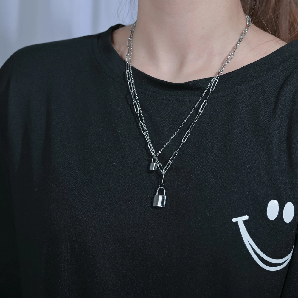 Sifisrri Punk Double Layer Lock and Key Pendant Stainless Steel Necklace for Women Men Couples Valentine's Day Jewelry Gifts | Украшения