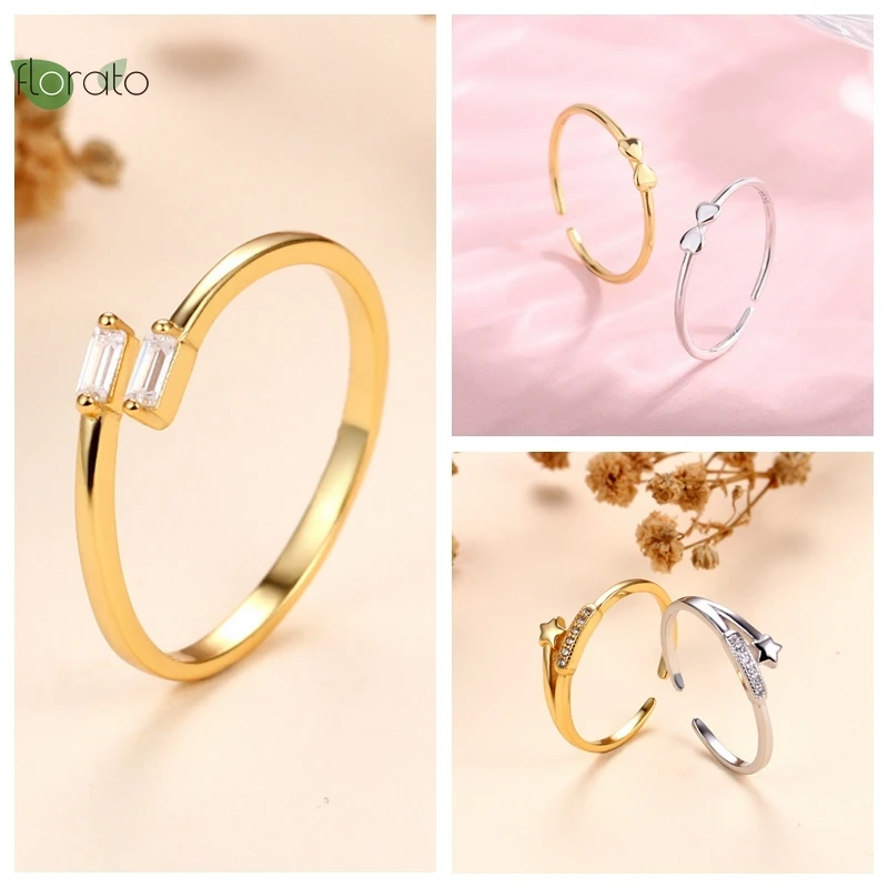 

24K Gold Plated Rings for Women INS Style White Zircon Geometric Bow Stars Opening Ring Wedding Fine Jewelry Minimalist Gift A45