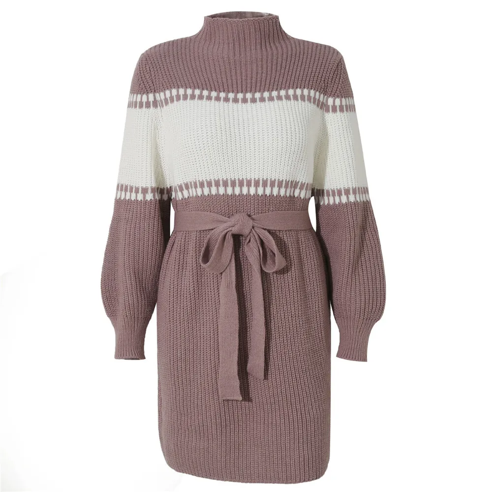 

Turtleneck Sweater Dresss for Women Contrast Color Long Sleeve Knitted Dress Casual Autumn Winter Femme Robe