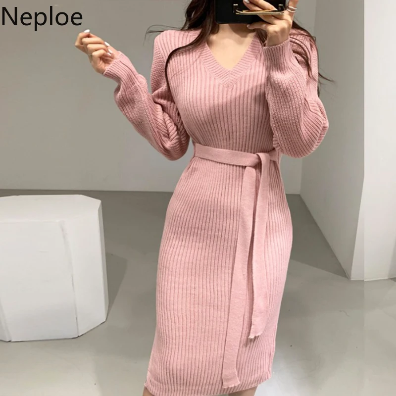 Neploe v-образный вырез шикарное приталенное платье-свитер с крестиком вязаное