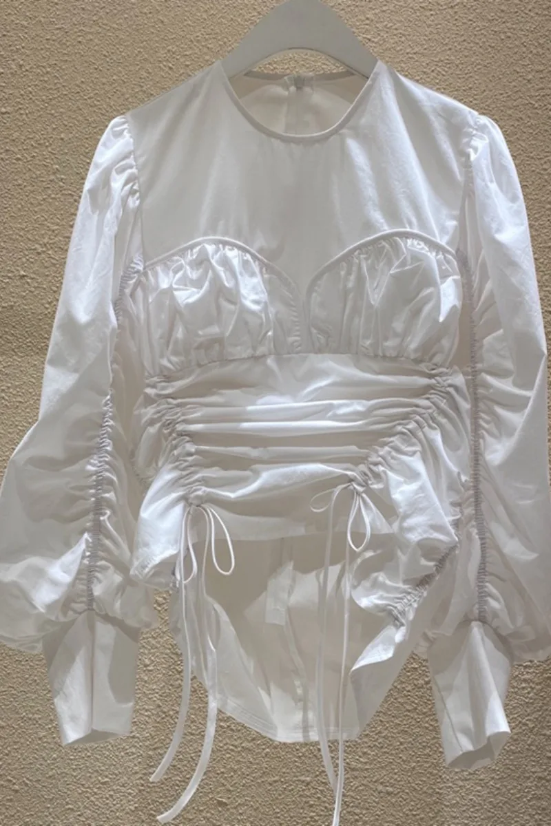

Korea 2020 Autumn New Irregular Drawstring Lace-up O Neck White Shirts Women New Design Fashion Women Blouses C200