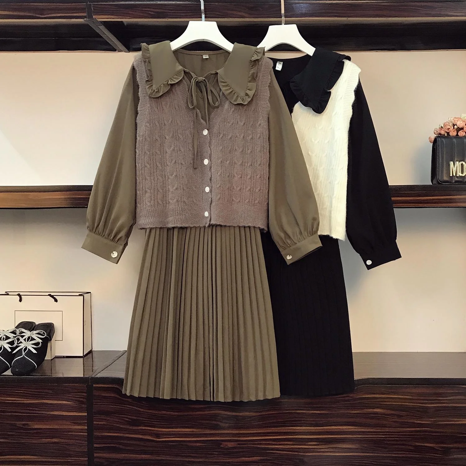 

Preppy Style Two Piece Sweater Dress Korean Long Sleeve Shirt Pleated Dress and Knitted Vest Plus Size Loose Dress Vestidos Big