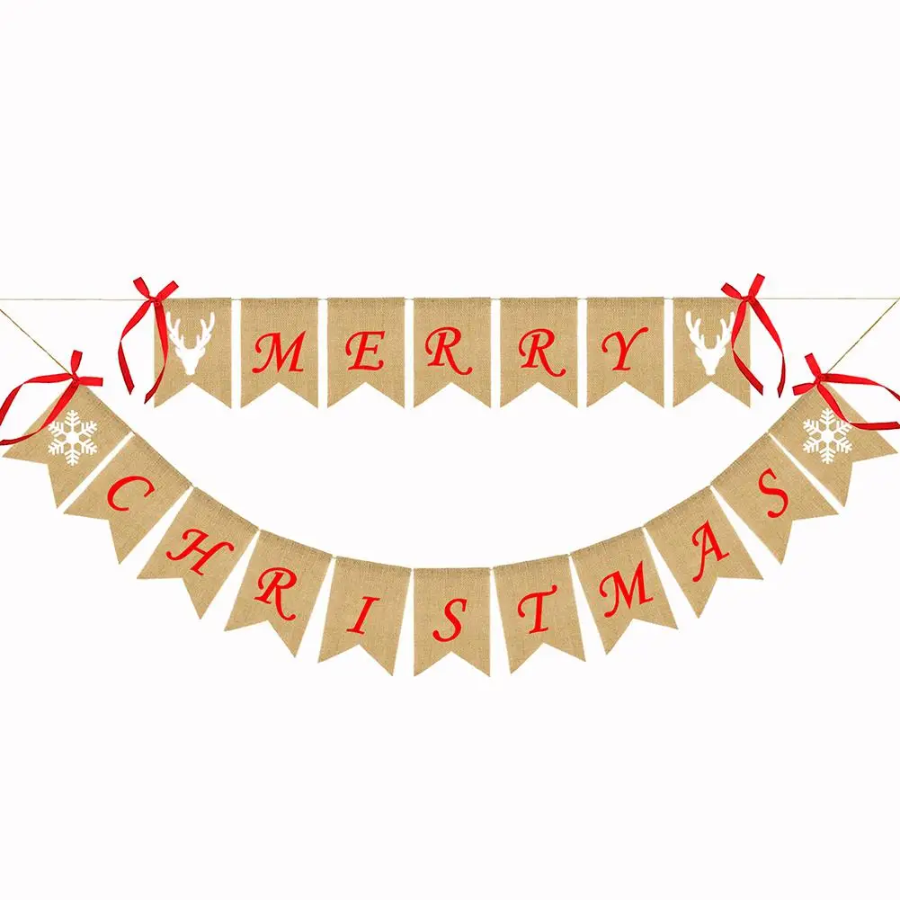 Декоративный баннер Снежинка Олень бант ленты Рождественские гирлянды холщовые