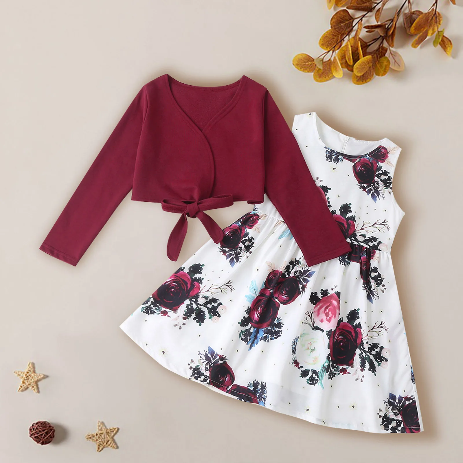 Toddler Kids Baby Girls Clothes Solid Tops +Floral Print Princess Dress Autumn Outfit Sets Girl Dress Clothing 4 5 6 7 8 9 Years