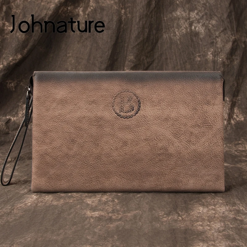 

Johnature 2021 New Men Genuine Leather Large Clutch Bag Retro Solid Color Zipper First Layer Cowhide Business Male Handbags