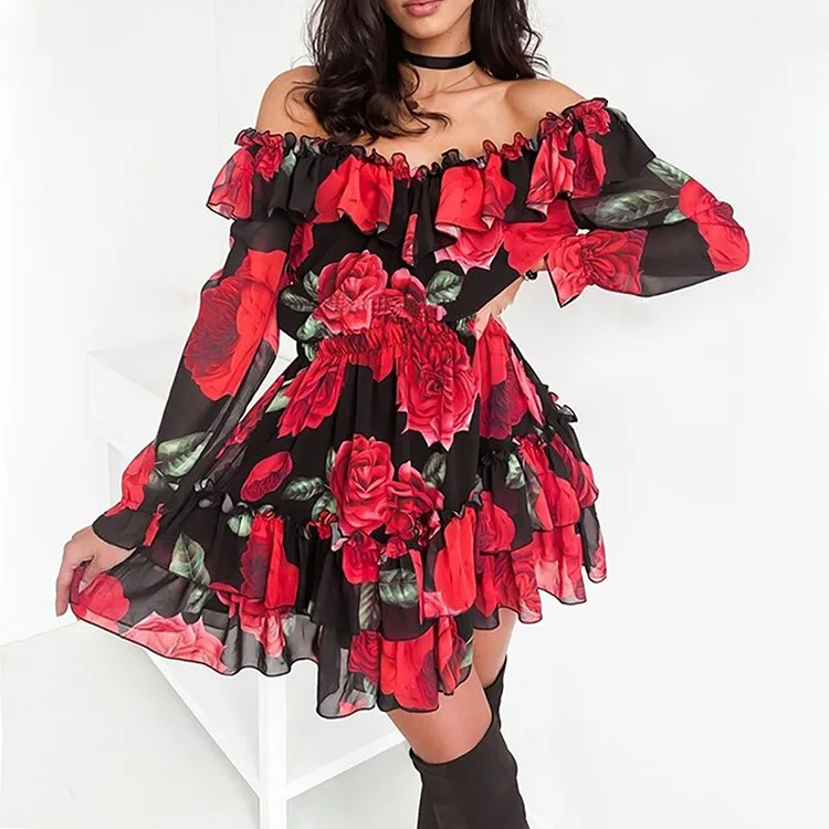 

Elegant floral print flowy dress Sexy off shoulder slash neck long sleeve ruffle swing short dress Female chic party vestidos