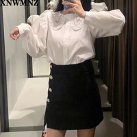 xnwmnz za women 2020 shirt with embroidered collar female ladies long sleeves asymmetric collar retro casual tops