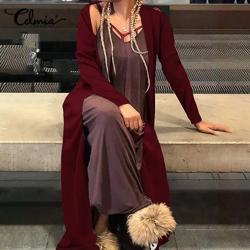 

Women 2021 Autumn Fashion Cardigans Celmia Vintage Solid Long Sleeve Long Kimono Casual Loose Cover-up Shirts Oversized Cardigan