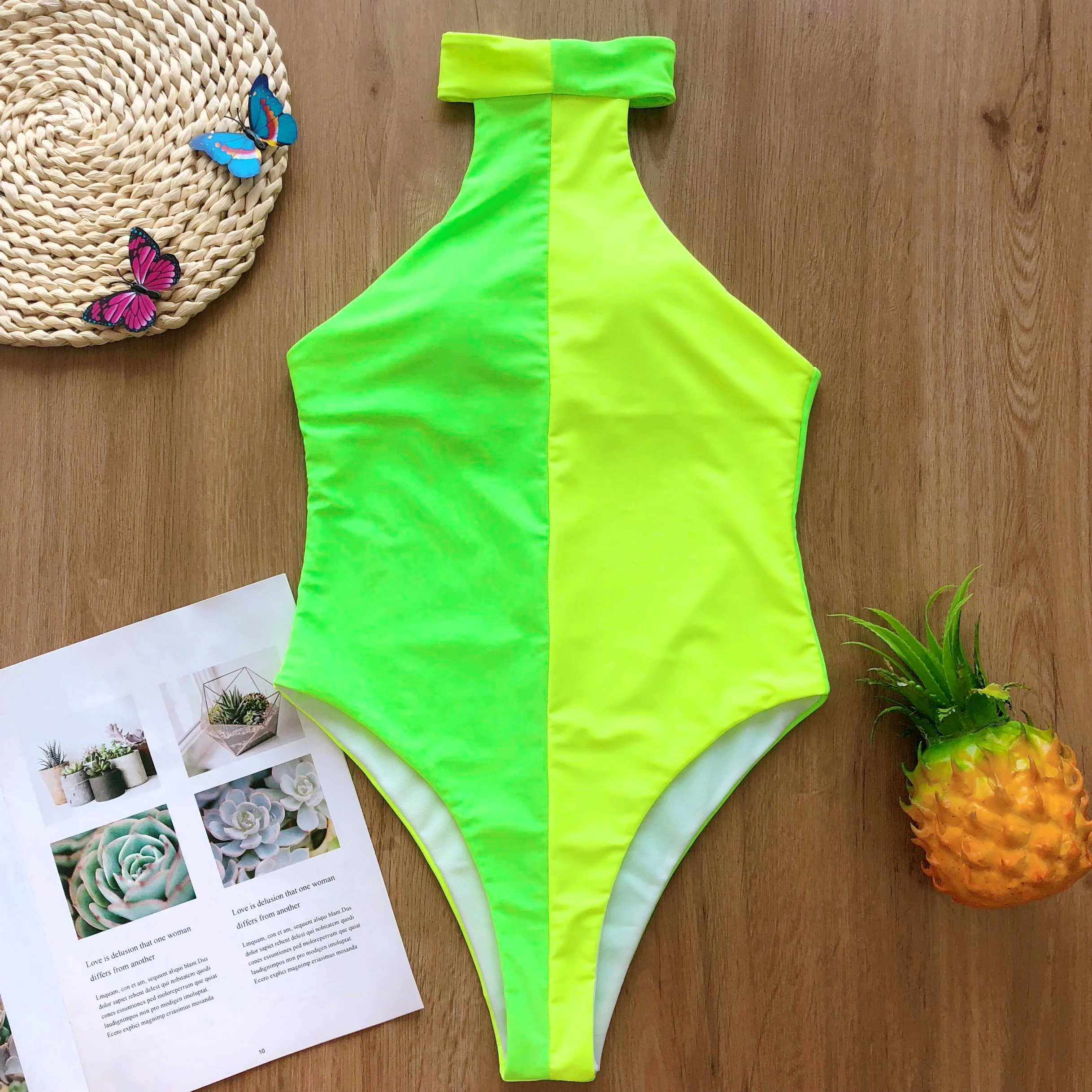 High leg bodysuits one-piece swimwear female Patchwork bikini Sexy swimsuit women summer bathers Neon high neck monokini - Цвет: X19SW2388