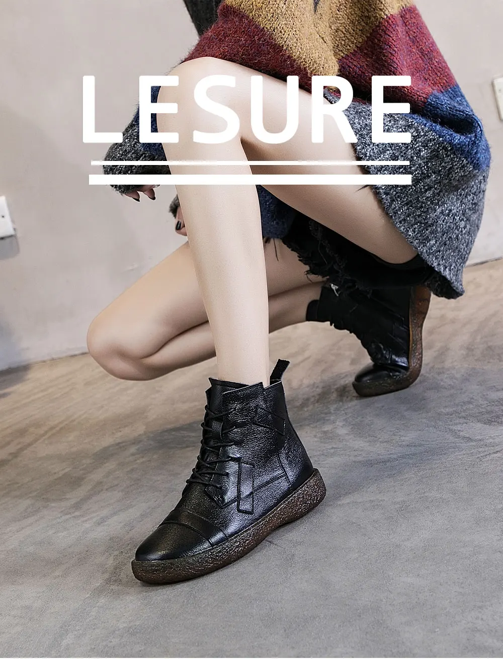 PEIPAH Women's Genuine Leather Shoes Woman Ankle Boots Female Retro Flat With Zip Women's Shoes Autumn Winter Bootee Woman