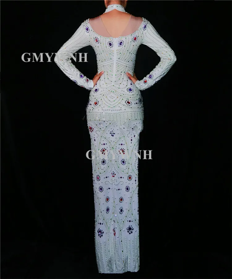 X38 певица выполнять Стразы длинное платье белый жемчуг один кусок наряды Красный