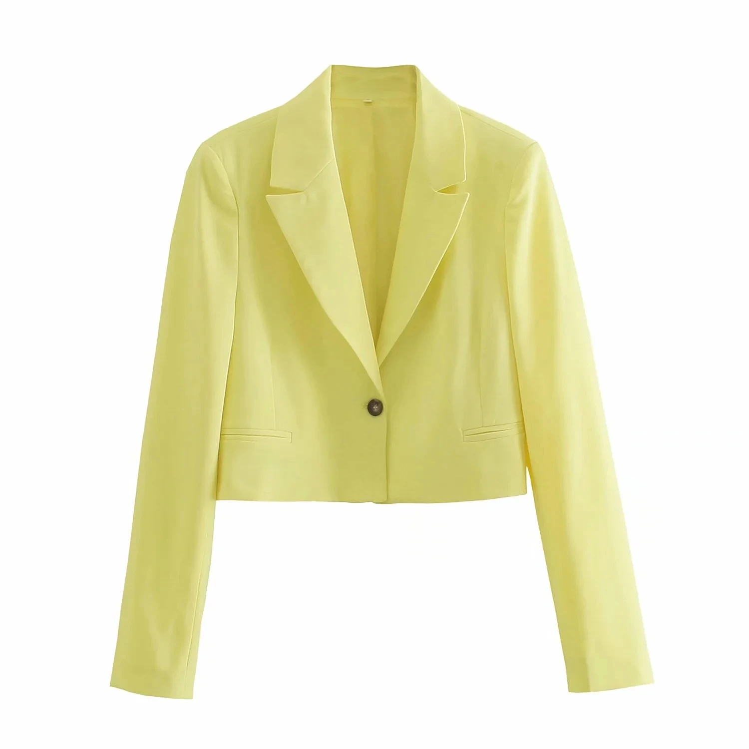 

2021 Women ZA Spring Vintage Single Button Yellow Short Blazers Coat Fashion Pockets Long Sleeve Outerwear Casual Chic Coat