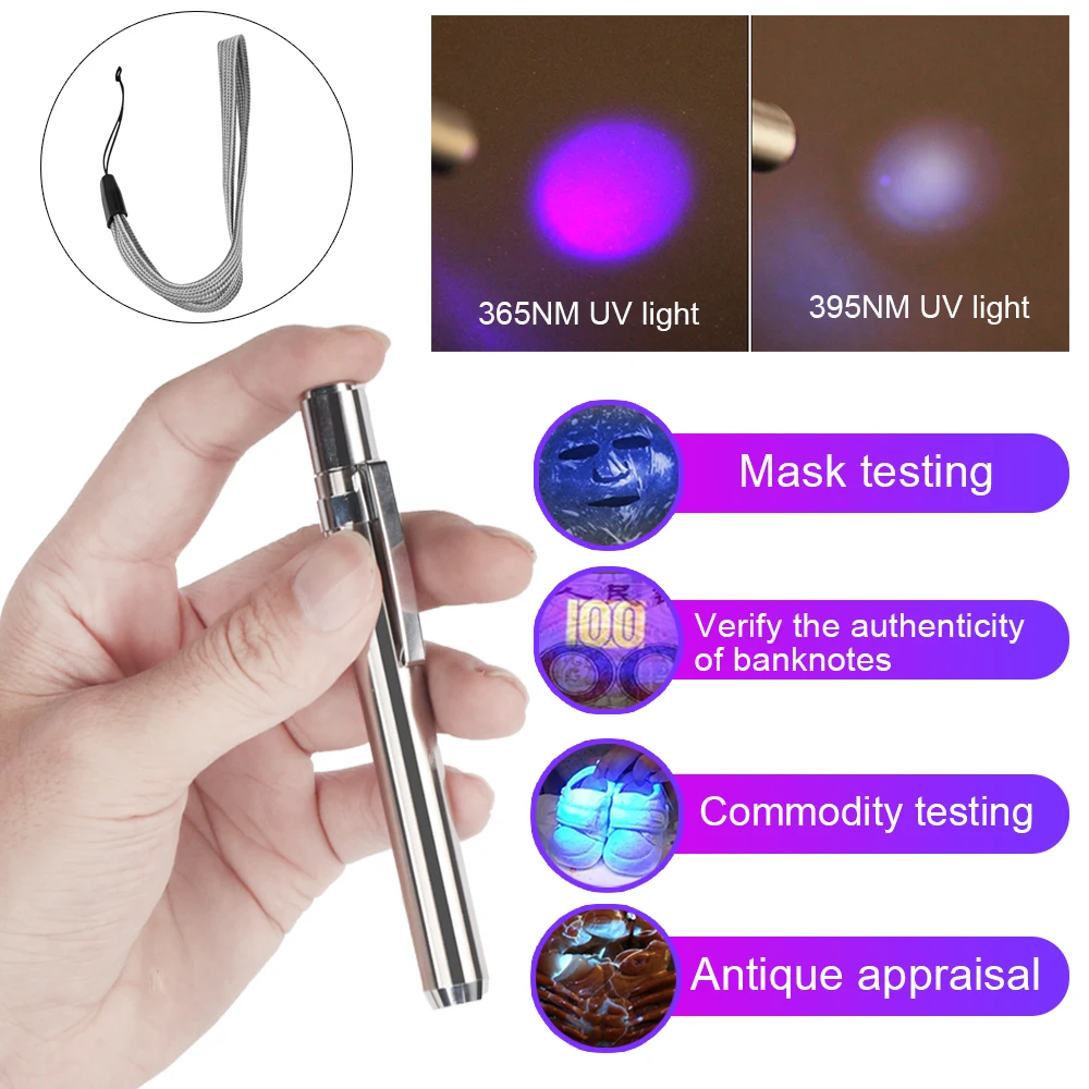 

Мини-фонарик металлический Портативный ультрафиолетовый фонарик УФ-лампа из нержавеющей стали светодиодный фонарь с батарейным питанием