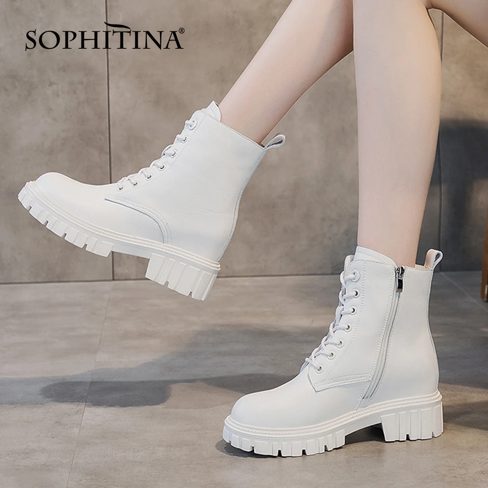 

SOPHITINA New Fashion Women's Boots Genuine Leather Round Toe Square Heel Cross-tied Ankle Boots Office Lady Zipper Shoes HO509