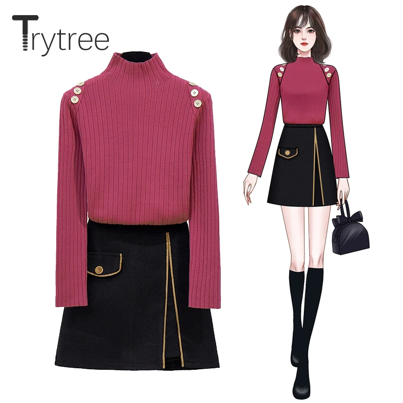 

Trytree 2020 осень-зима из двух частей для женщин комплект ювелирных изделий с высоким, плотно облегающим шею воротником с пуговицами на резинке, ...