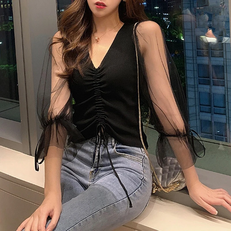

Women T-shirt Fashion Knitted Sexy Mesh See Through Half Sleeve Tops Spring Female Patchwork Slim V-Neck Autumn T-Shirt