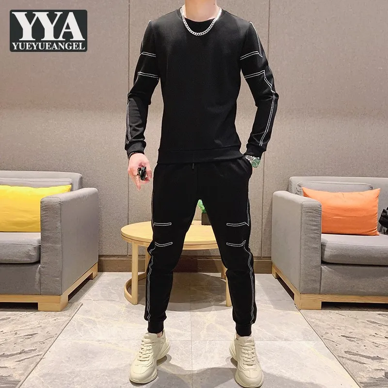 

Fashion Mens Autumn Outside Joggers Two Piece Set Side Striped Sweatshirt Winter Fleece Lining Tracksuit Slim Fit Matching Sets