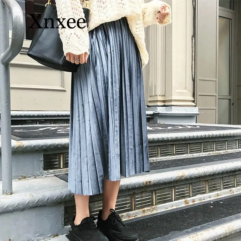 Плиссированная юбка на осень и зиму облегающая женская бархатная с завышенной