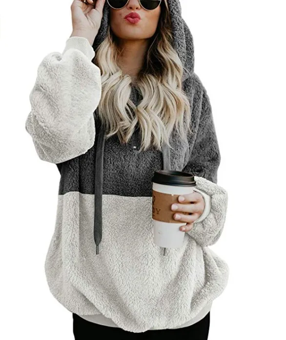 white gray Зимние теплые Повседневное двойной Fuzzy 1/4 толстовка на молнии из искусственного флиса карман с длинным рукавом безразмерная подстежка на искусственном меху, пуловер с капюшоном пальто, верхняя одежда - Цвет: white gray
