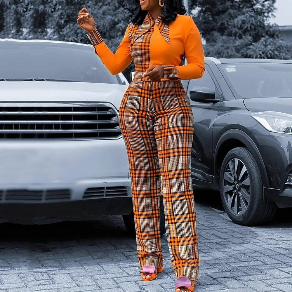Женский офисный комбинезон в клетку Свободный Прямой с длинным рукавом