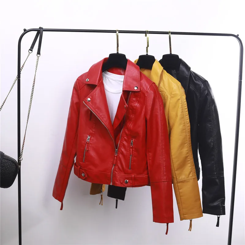 

Women's motorcycle jacket leather buckles on both sides short coat lapels faux leather coat