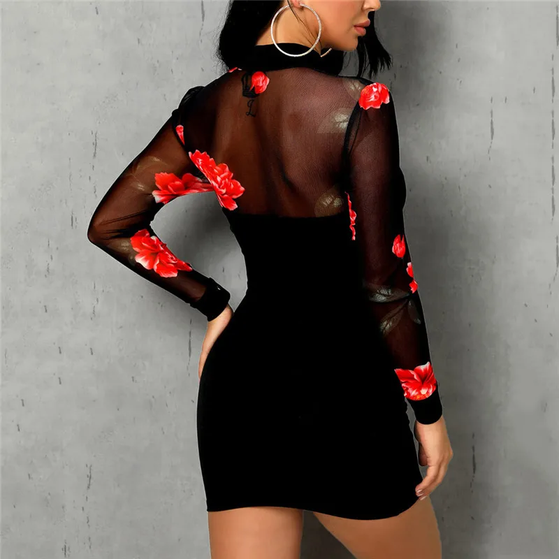 Женское облегающее прозрачное сексуальное мини платье в сеточку с цветком и