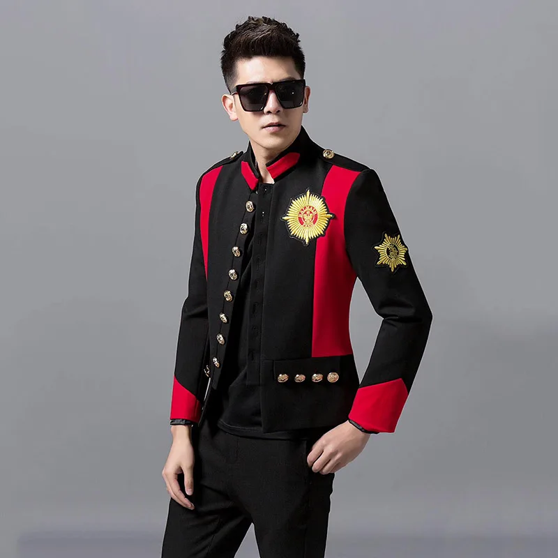 

Men's Embroidered Badge Stand Collar Jacket Red Black Splicing Casual Blazers Bar Nightclub Male Singer Host Performance Coat