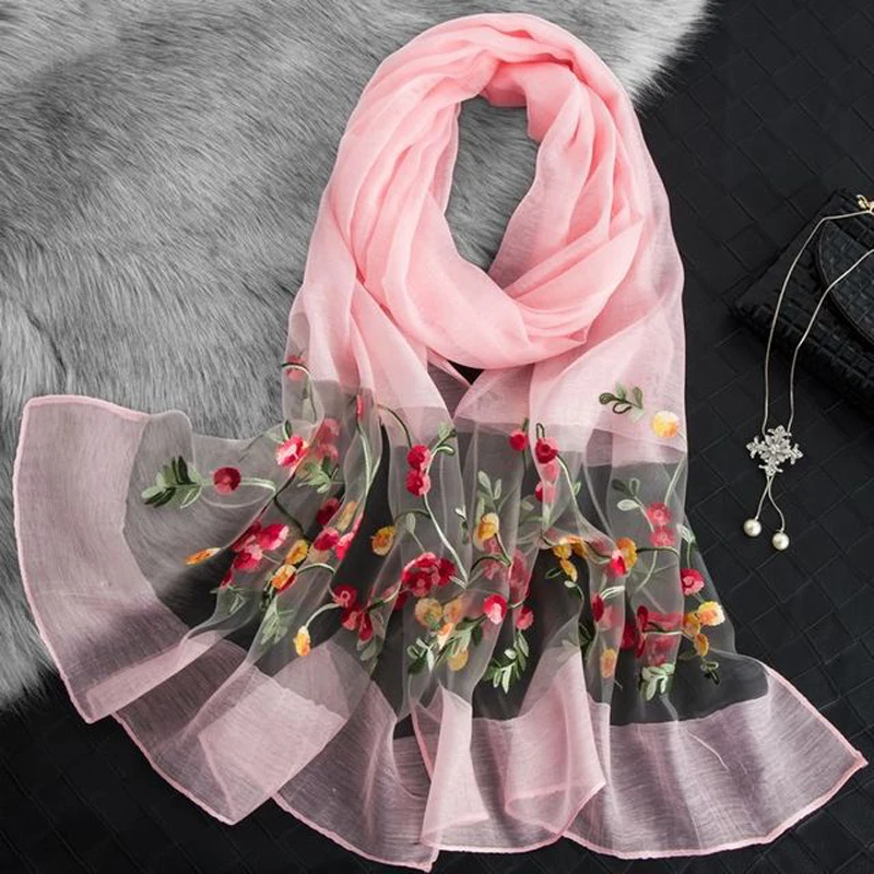 

Универсальный женский цветочный шарф с вышивкой, Новинка лета 2019, женские солнцезащитные шарфы из органзы, пляжные шарфы большого размера, ...