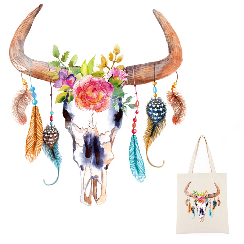 

New Indian Style Bull Skull Patch Diy Denim Fabric Sticker For Girls Bags Washable Parch Heat Transfer Sticker For T-shirts