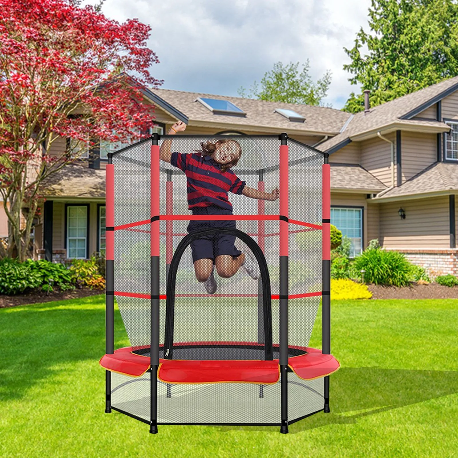 

Trampoline Safety Net 55In Garden Kids Trampoline With Enclosure Net Jumping Mat And Spring Cover Padding
