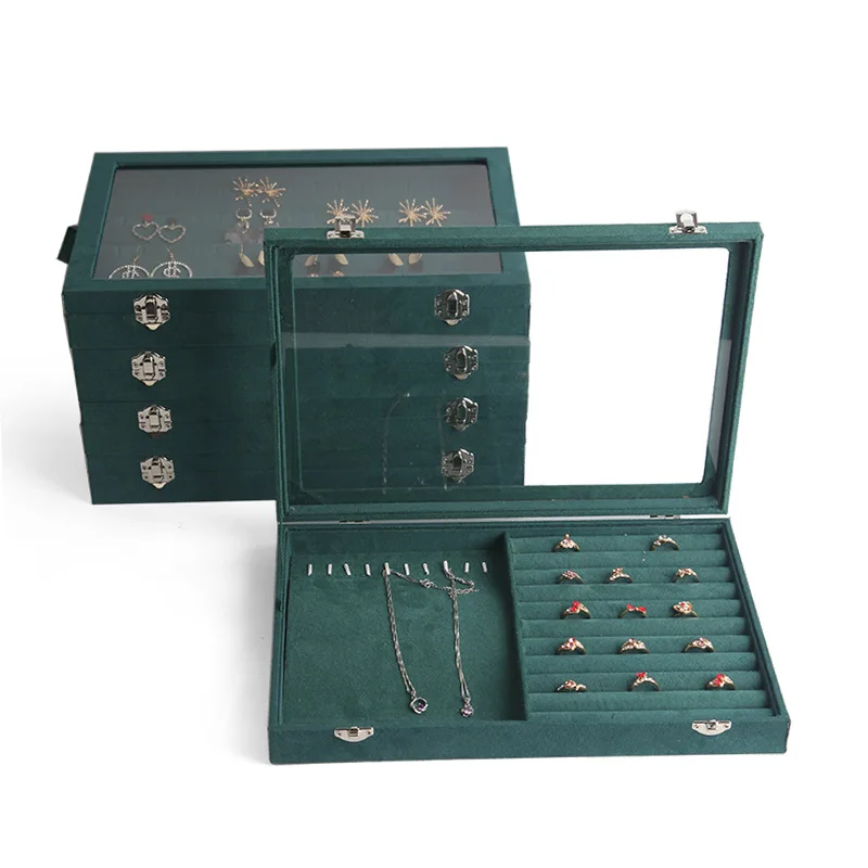 Fashion Green Style Suede Jewelry Organizer & Display With 12/14 Cells Multi-purpose Large Capacity Velvet Jewelry Box With Lock