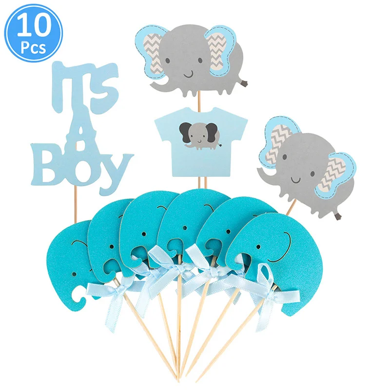 10pcs blue topper Украшения для детского душа бумага со слоном Торт Топперы его девочка мальчик Babyshower вечерние принадлежности пол раскрыть розовый синий - Цвет: 10pcs blue topper