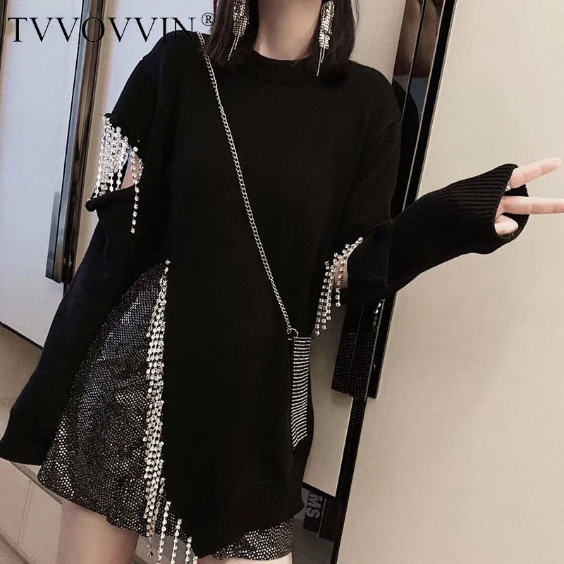 

TVVOVVIN Personality Diamonds Tassel Sweater Women Clothes 2020 Loose Hollow Out Split Pullover Knitted Top Fashion Autumn D232