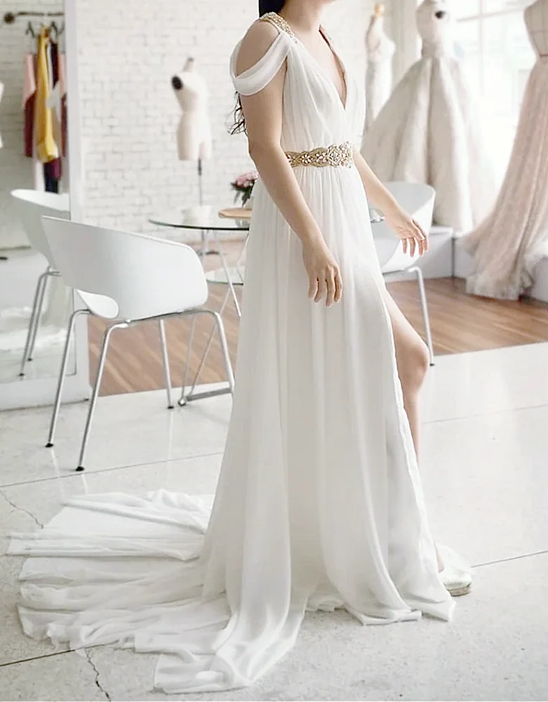 

White Prom Dress A-line Sleeveless Tank V-neck Sexy Sweep Train Split Beaded Belt Chiffon Long Evening Dress