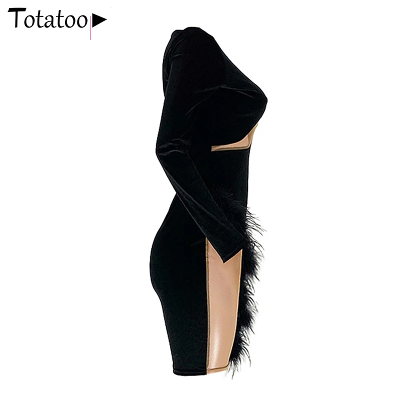 

Totatoop One Shoulder Mesh Patchwork Bodycon Dress Women 2020 Hollow Out Feather Party Dress Club Sexy Dresses