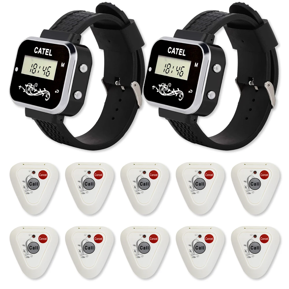 CATEL 2 Watch Receiver 10 Call Button Wireless Restaurant Calling System Transmitter Paging Pager Waiter Service Bell Buzzer