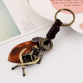 

New Jewelry Atmospheric Alloy Skull Leather Keychain Vintage Woven Men's Leather Keychain K49 Key Chains Anime Keychain