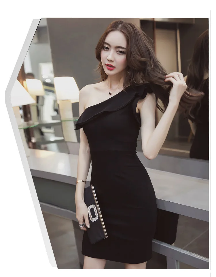 Ladies Sleevelss Sheath Ruffle Wrap Black Mini Dress Women Sexy Dinner Dresses for Women Red One-Shoulder Evening Party Dress