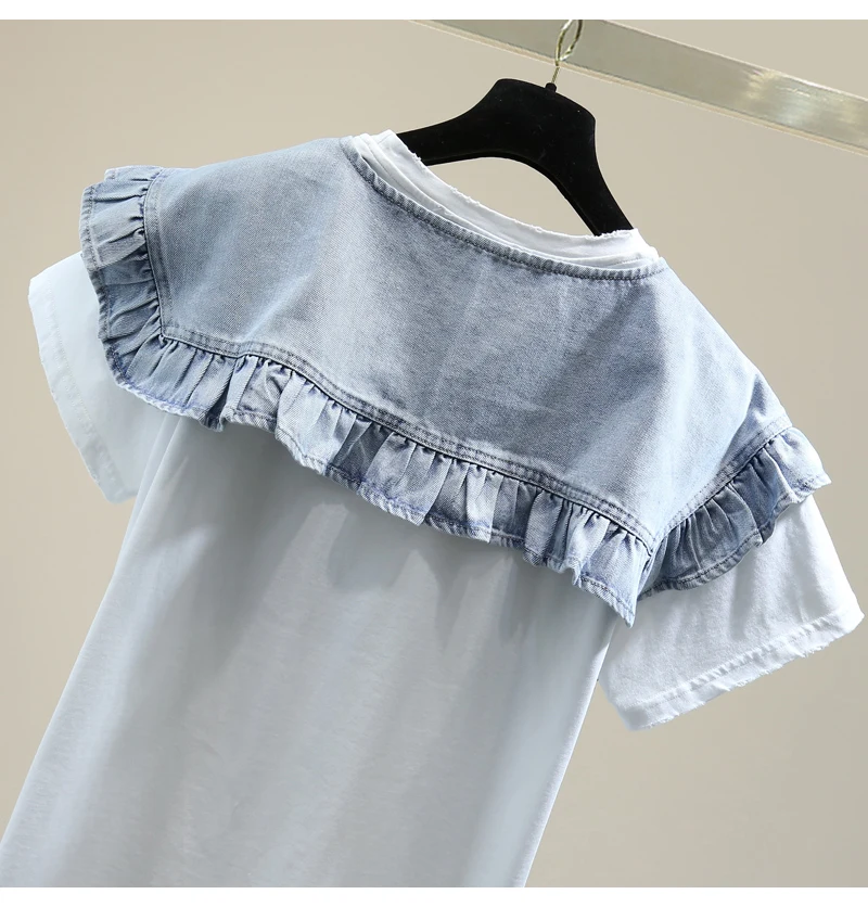 

2021 Summer Korean Style Loose Slim Female T-shirt Personality Fake Two-Piece Mid-Length Top Casual Short-Sleeved Fashion Tee