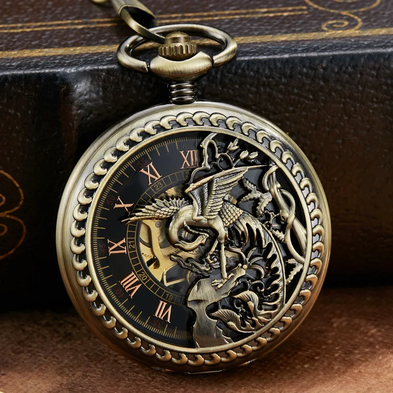 

Hollow Bronze Unique Dragon Phoenix Sculpture Mechanical Pocket Watch Retro Luckly Symbol Roman Skeleton Steampunk Clock Chain